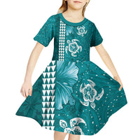 Teal Hibiscus Turle Kid Short Sleeve Dress Hawaiian Style Tribal Tapa Pattern LT9 - Polynesian Pride