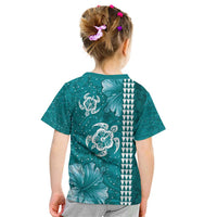 Teal Hibiscus Turle Kid T Shirt Hawaiian Style Tribal Tapa Pattern LT9 - Polynesian Pride