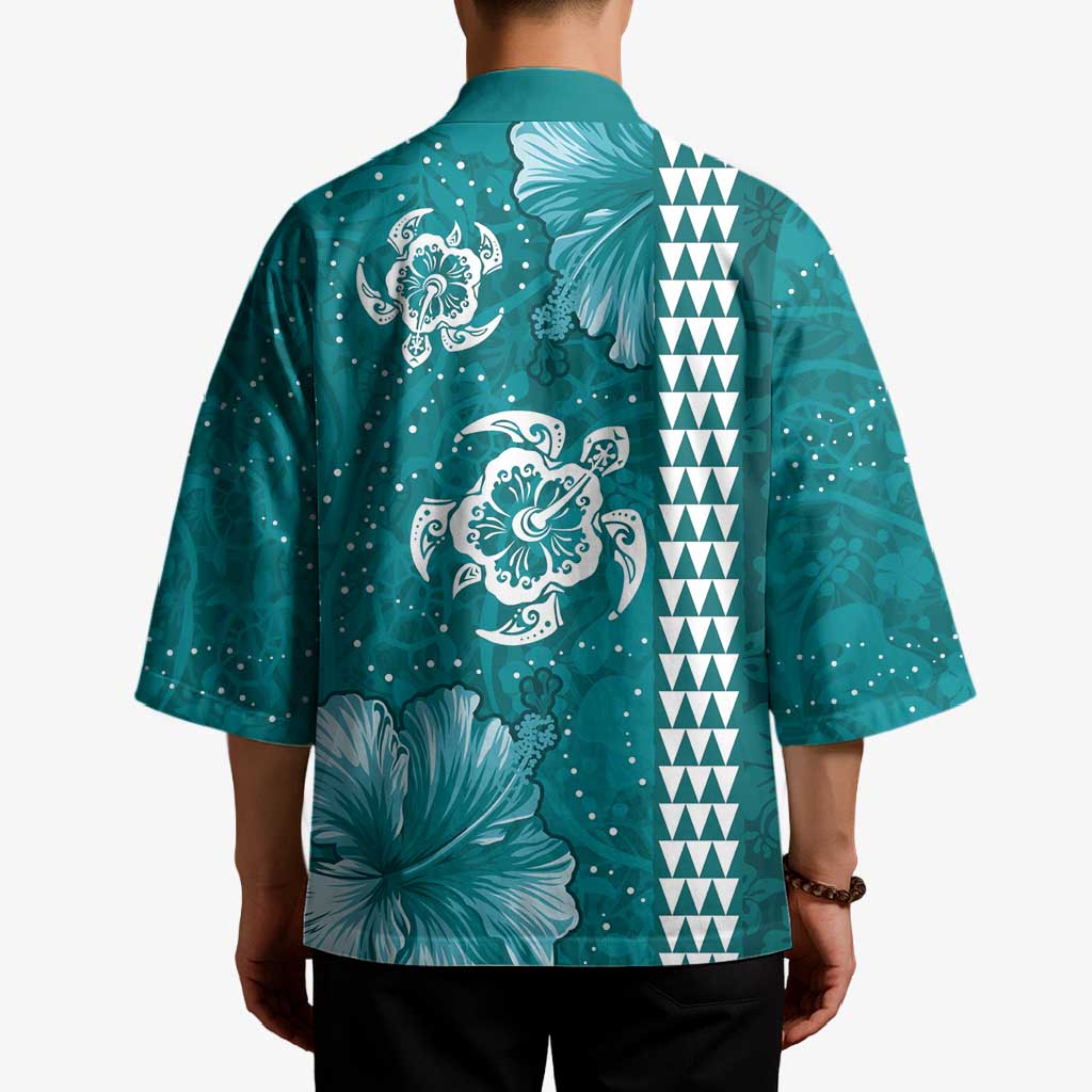 Teal Hibiscus Turle Kimono Hawaiian Style Tribal Tapa Pattern - Polynesian Pride