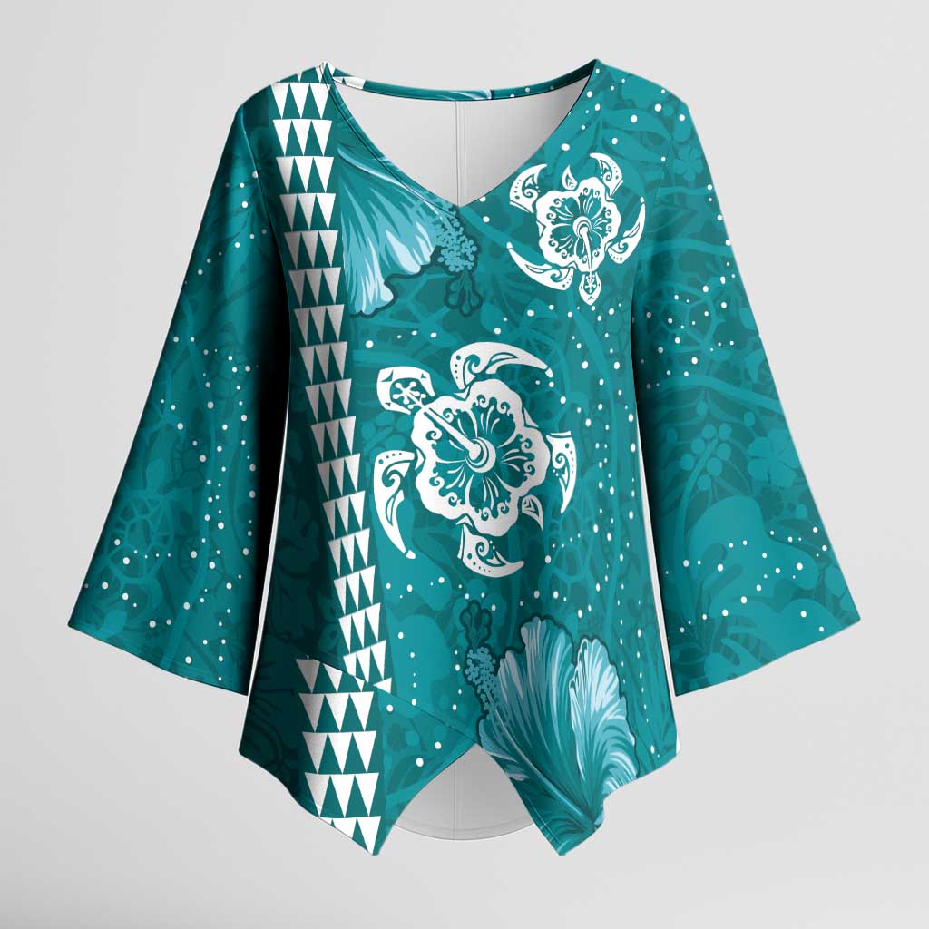 Teal Hibiscus Turle Kimono Sleeve Blouse Hawaiian Style Tribal Tapa Pattern - Polynesian Pride