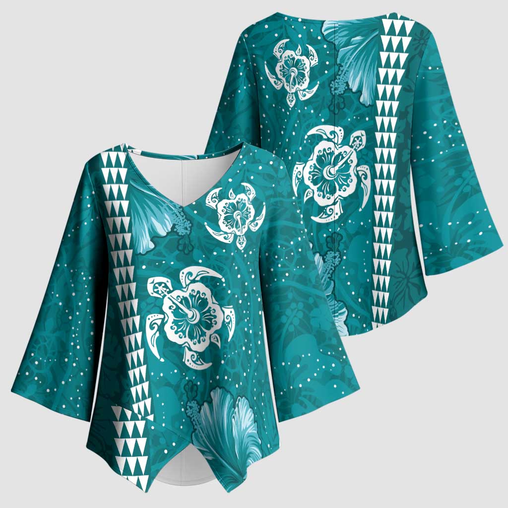 Teal Hibiscus Turle Kimono Sleeve Blouse Hawaiian Style Tribal Tapa Pattern - Polynesian Pride