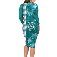 Teal Hibiscus Turle Long Sleeve Bodycon Dress Hawaiian Style Tribal Tapa Pattern