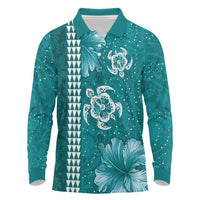 Teal Hibiscus Turle Long Sleeve Polo Shirt Hawaiian Style Tribal Tapa Pattern