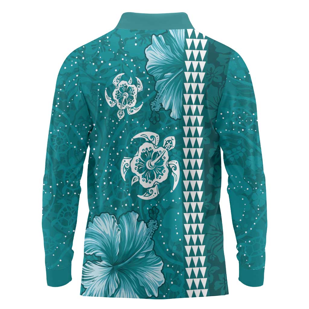 Teal Hibiscus Turle Long Sleeve Polo Shirt Hawaiian Style Tribal Tapa Pattern