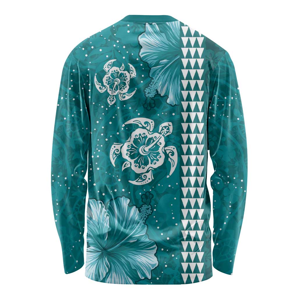Teal Hibiscus Turle Long Sleeve Shirt Hawaiian Style Tribal Tapa Pattern LT9 - Polynesian Pride