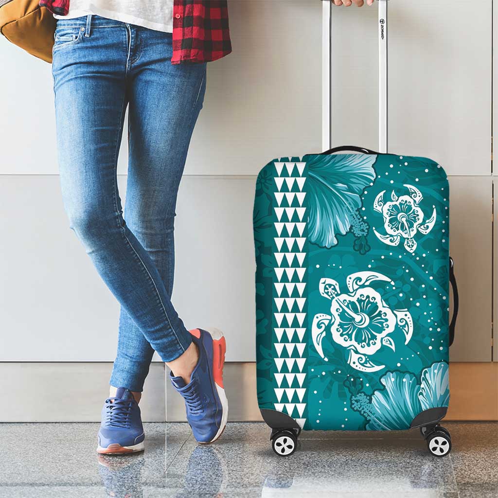 Teal Hibiscus Turle Luggage Cover Hawaiian Style Tribal Tapa Pattern