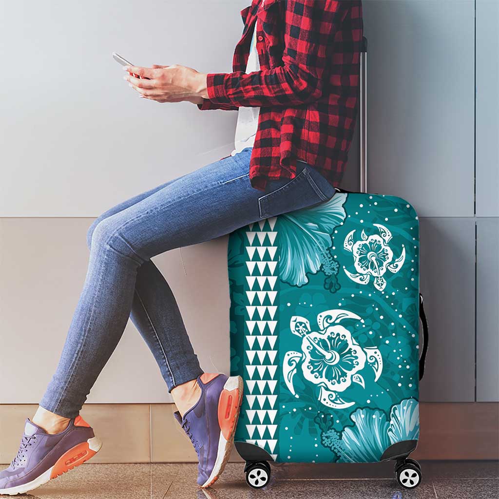 Teal Hibiscus Turle Luggage Cover Hawaiian Style Tribal Tapa Pattern