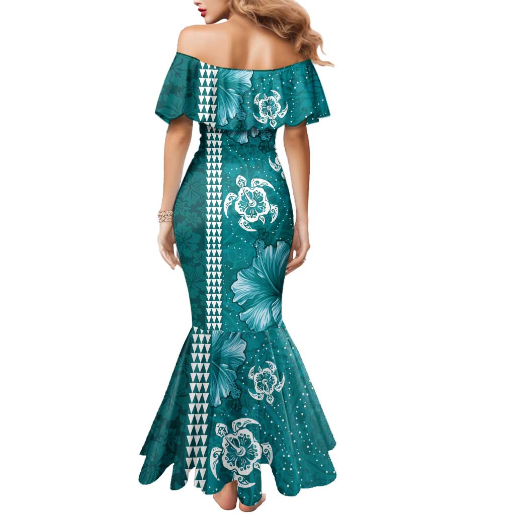 Teal Hibiscus Turle Mermaid Dress Hawaiian Style Tribal Tapa Pattern