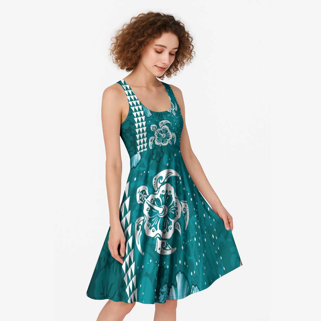 Teal Hibiscus Turle Midi Dress Hawaiian Style Tribal Tapa Pattern - Polynesian Pride