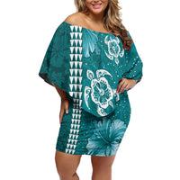 Teal Hibiscus Turle Off Shoulder Short Dress Hawaiian Style Tribal Tapa Pattern