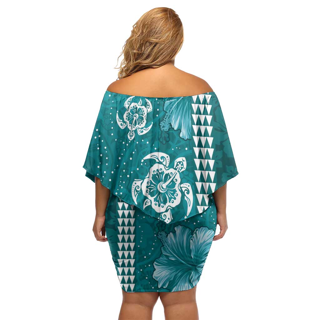 Teal Hibiscus Turle Off Shoulder Short Dress Hawaiian Style Tribal Tapa Pattern
