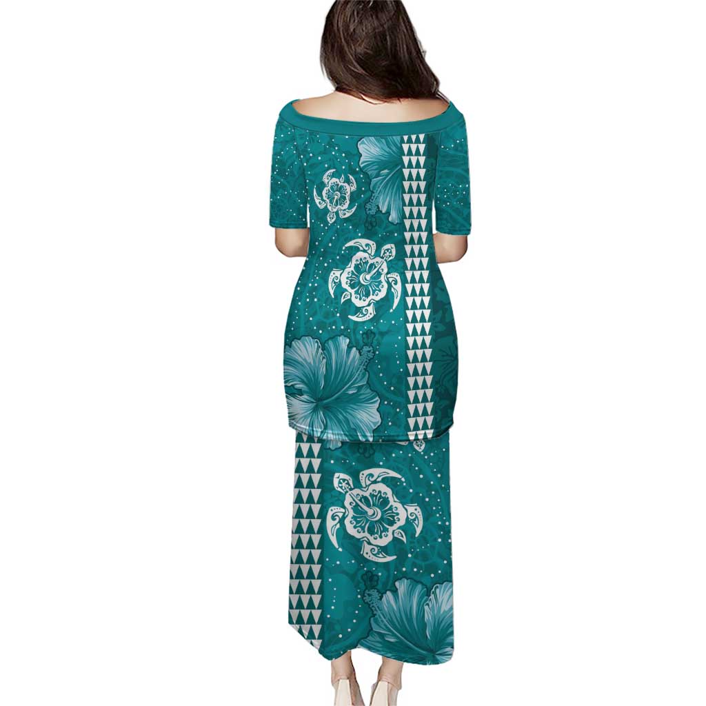 Teal Hibiscus Turle Puletasi Hawaiian Style Tribal Tapa Pattern
