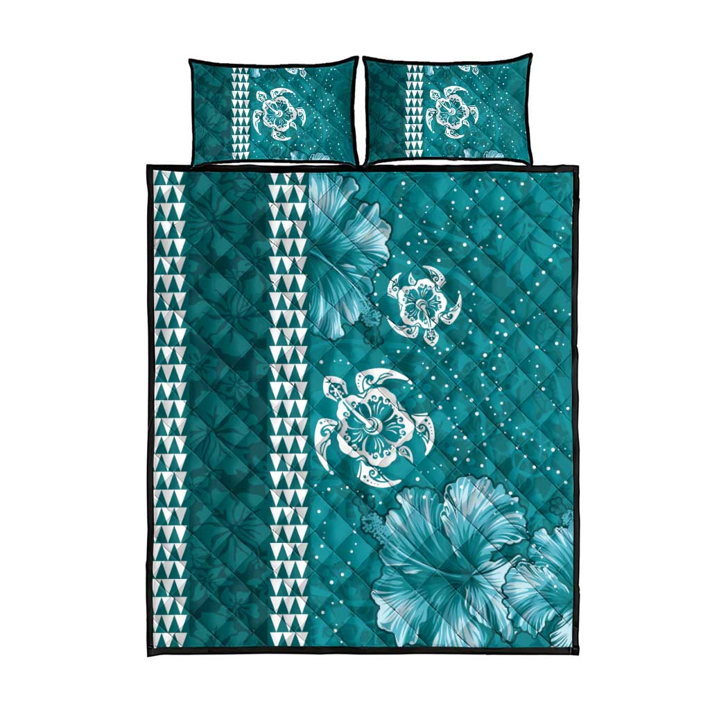 Teal Hibiscus Turle Quilt Bed Set Hawaiian Style Tribal Tapa Pattern