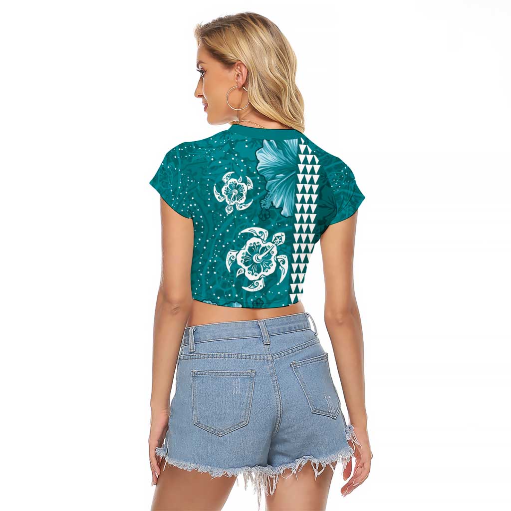 Teal Hibiscus Turle Raglan Cropped T Shirt Hawaiian Style Tribal Tapa Pattern LT9 - Polynesian Pride
