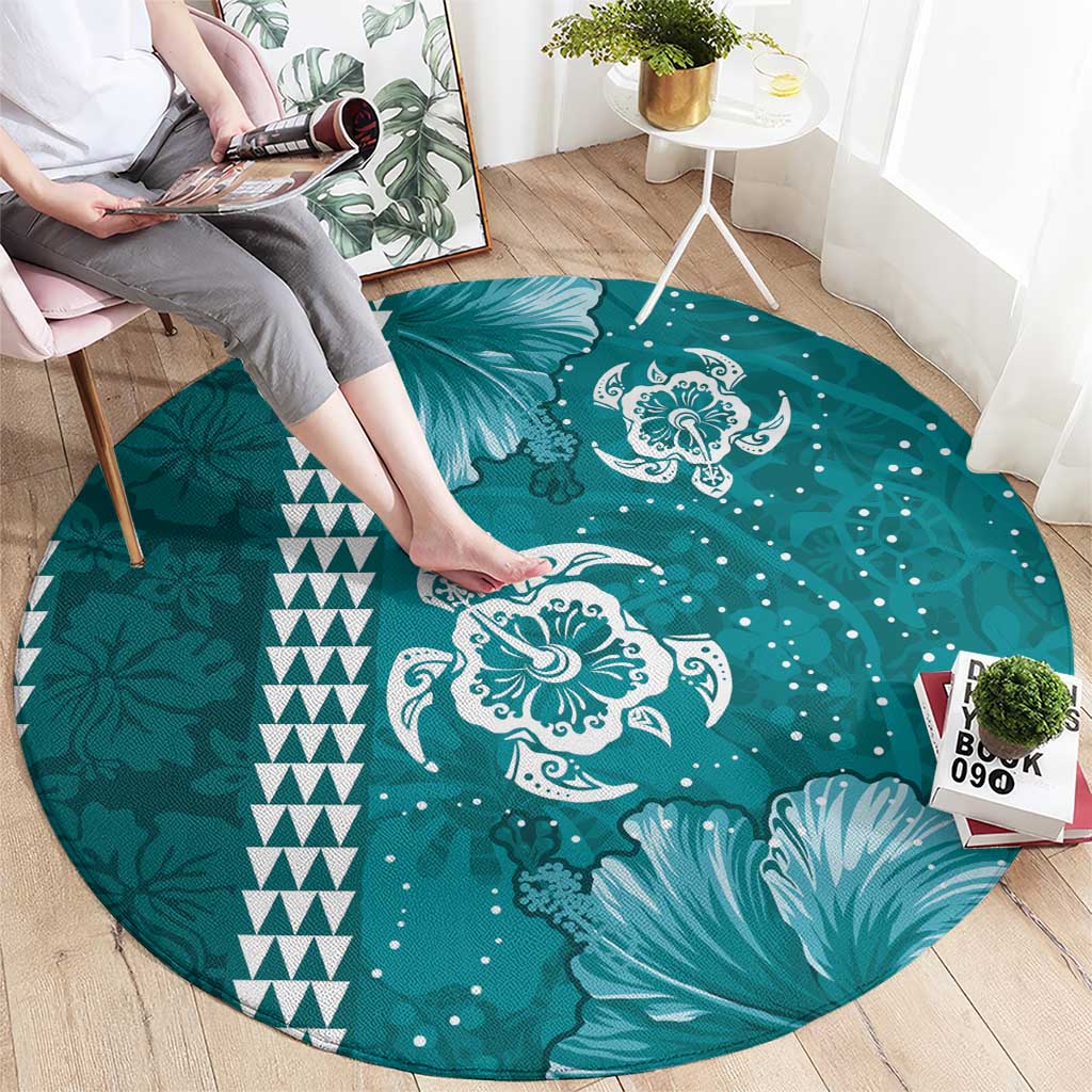 Teal Hibiscus Turle Round Carpet Hawaiian Style Tribal Tapa Pattern