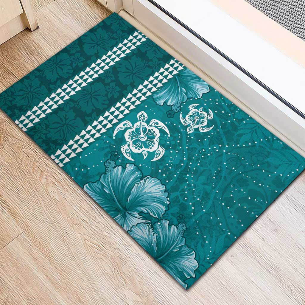 Teal Hibiscus Turle Rubber Doormat Hawaiian Style Tribal Tapa Pattern LT9 - Polynesian Pride