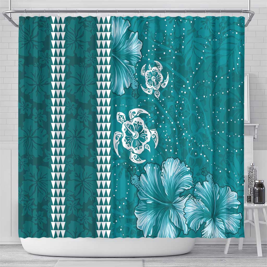 Teal Hibiscus Turle Shower Curtain Hawaiian Style Tribal Tapa Pattern