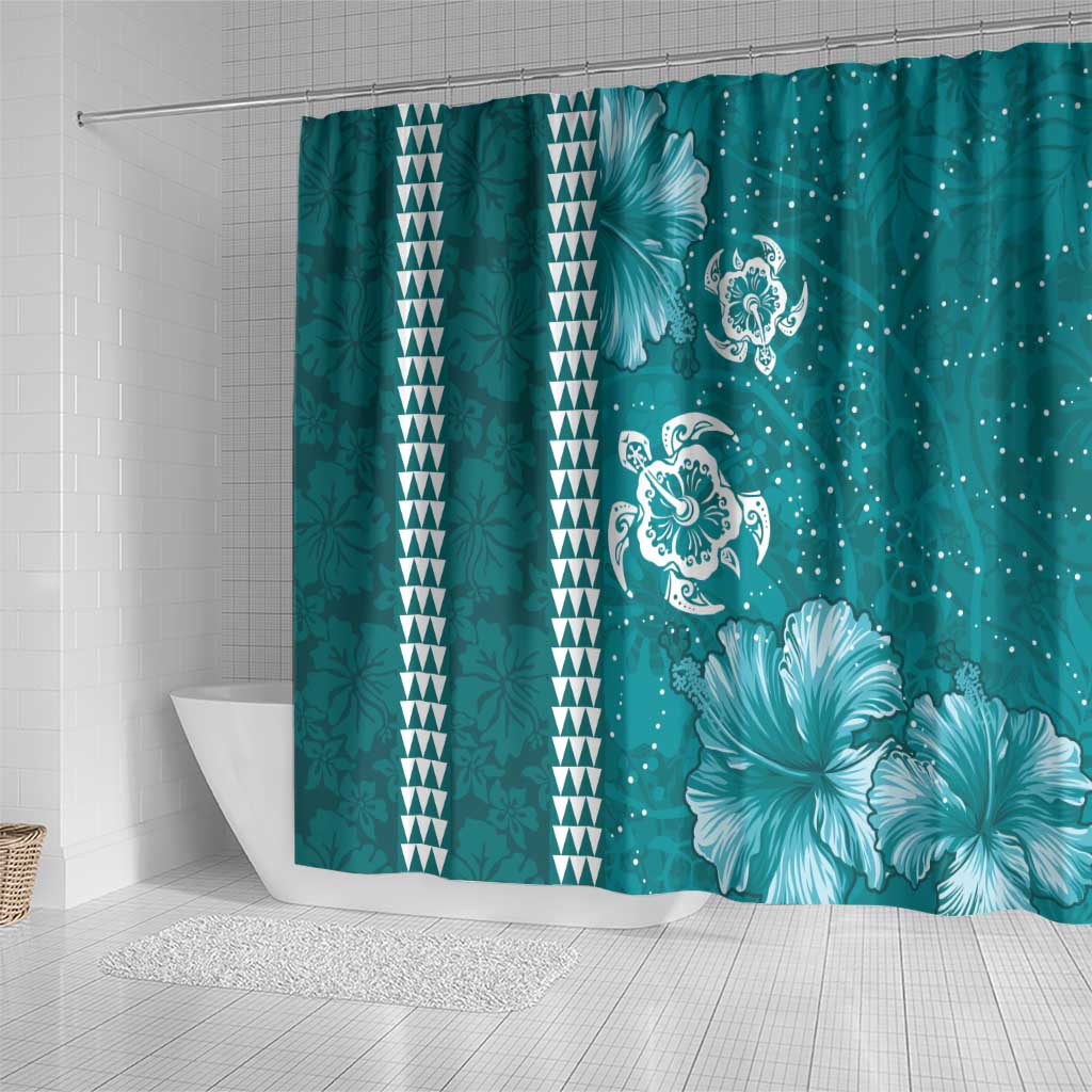 Teal Hibiscus Turle Shower Curtain Hawaiian Style Tribal Tapa Pattern