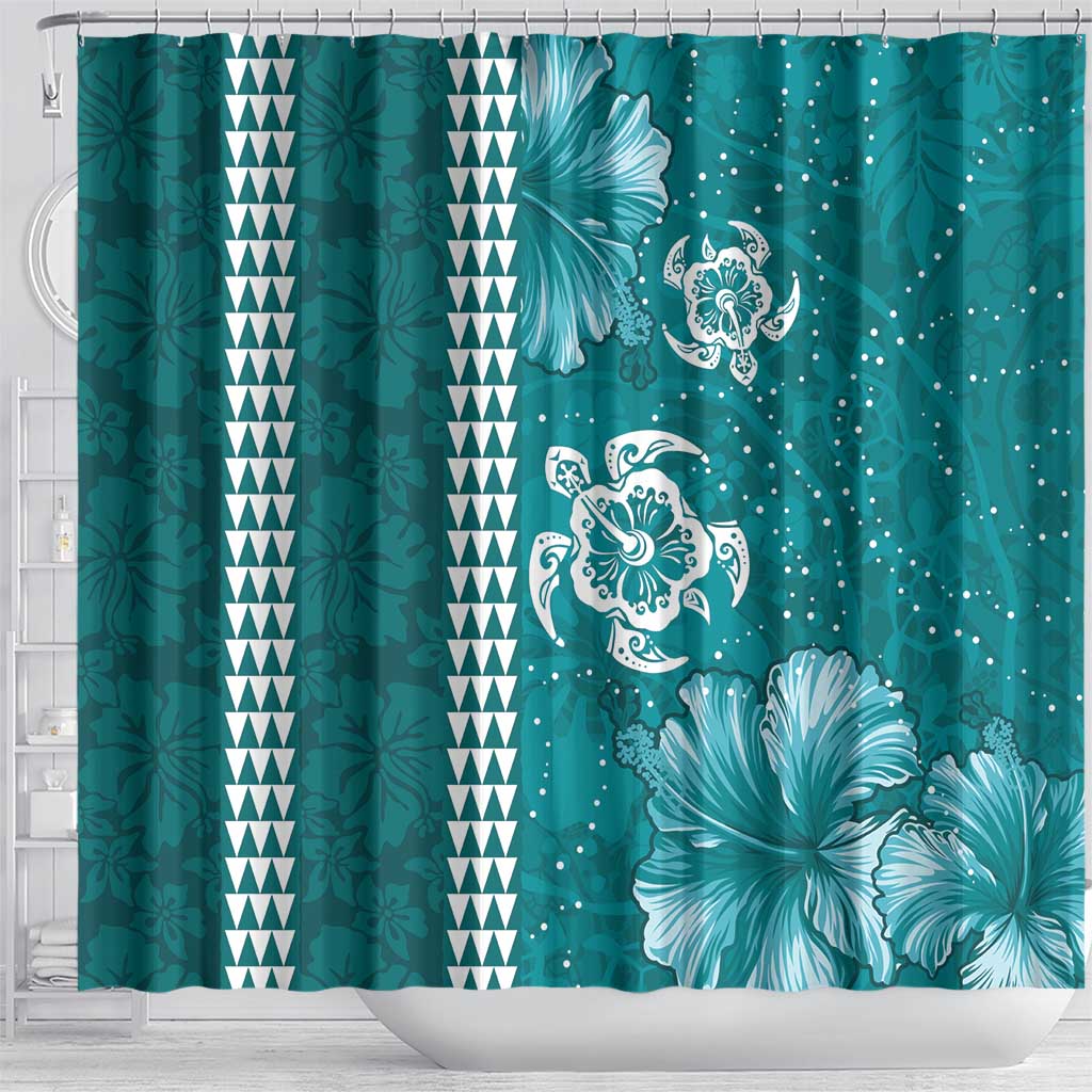 Teal Hibiscus Turle Shower Curtain Hawaiian Style Tribal Tapa Pattern