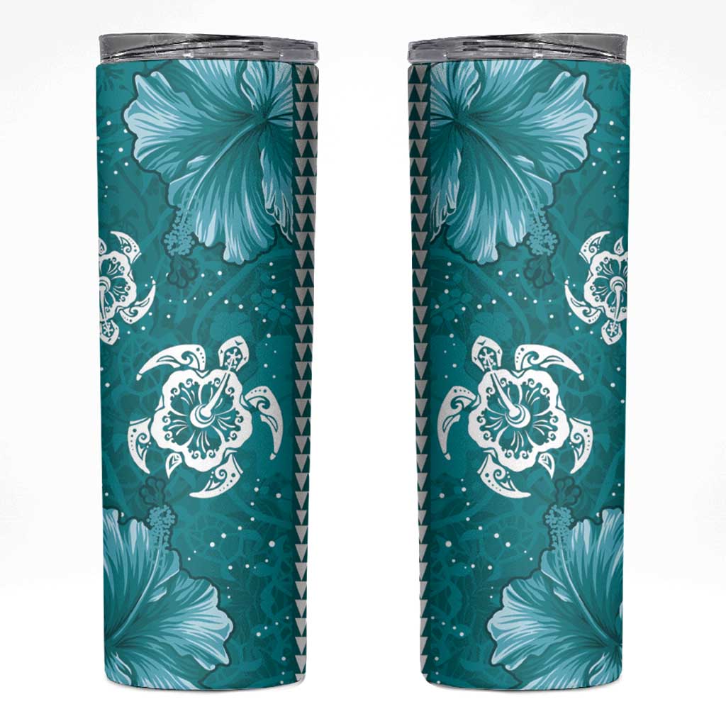 Teal Hibiscus Turle Skinny Tumbler Hawaiian Style Tribal Tapa Pattern