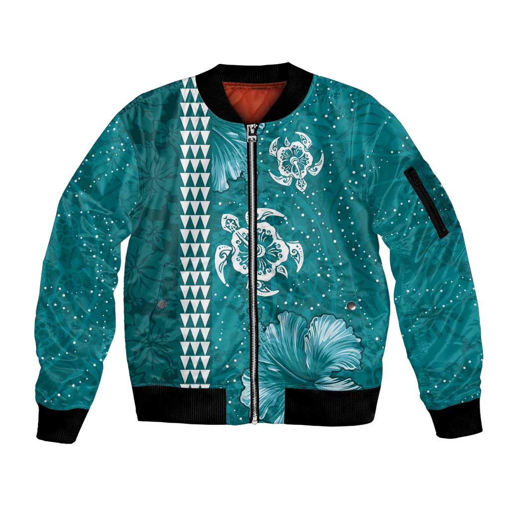 Teal Hibiscus Turle Sleeve Zip Bomber Jacket Hawaiian Style Tribal Tapa Pattern