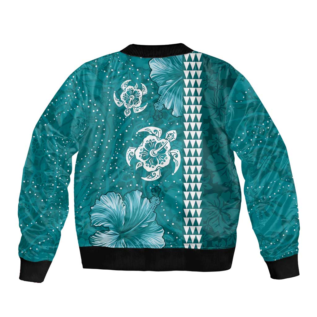 Teal Hibiscus Turle Sleeve Zip Bomber Jacket Hawaiian Style Tribal Tapa Pattern