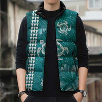 Teal Hibiscus Turle Sleeveless Puffer Jacket Hawaiian Style Tribal Tapa Pattern - Polynesian Pride