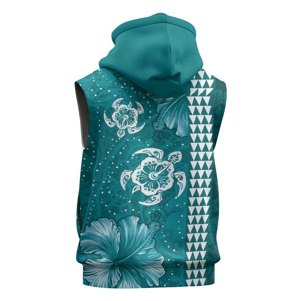 Teal Hibiscus Turle Sleeveless Zip Hoodie Hawaiian Style Tribal Tapa Pattern - Polynesian Pride