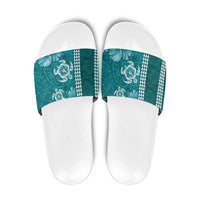 Teal Hibiscus Turle Slide Sandals Hawaiian Style Tribal Tapa Pattern - Polynesian Pride