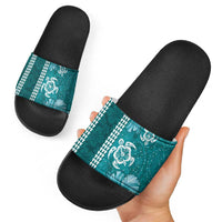 Teal Hibiscus Turle Slide Sandals Hawaiian Style Tribal Tapa Pattern - Polynesian Pride