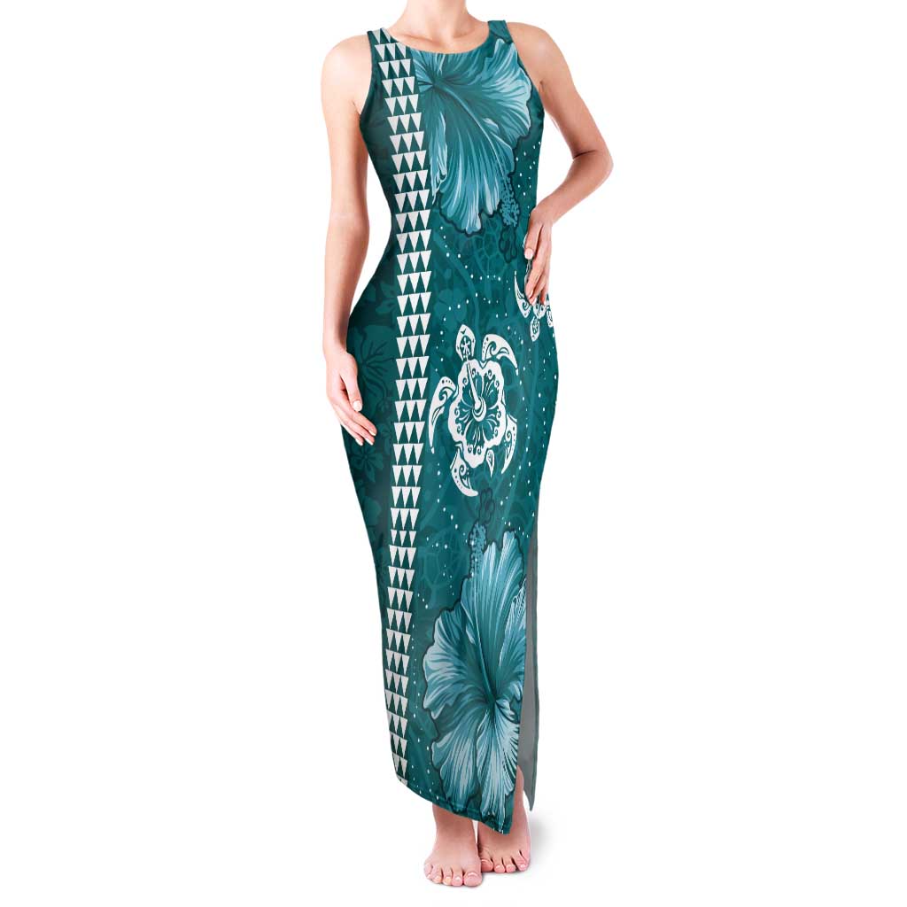 Teal Hibiscus Turle Tank Maxi Dress Hawaiian Style Tribal Tapa Pattern