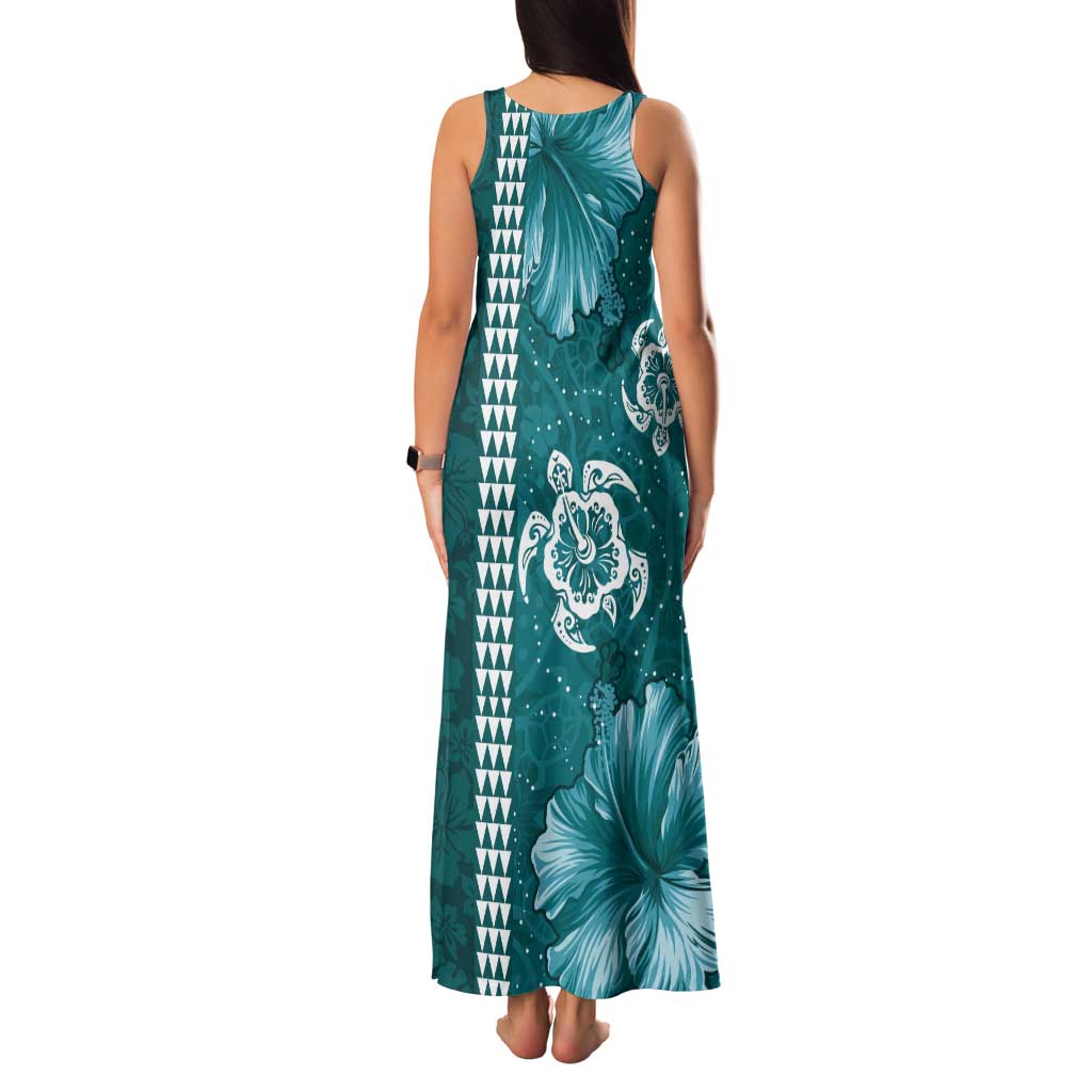 Teal Hibiscus Turle Tank Maxi Dress Hawaiian Style Tribal Tapa Pattern