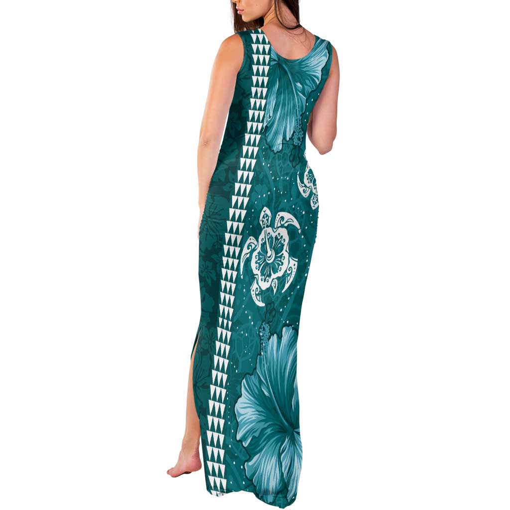 Teal Hibiscus Turle Tank Maxi Dress Hawaiian Style Tribal Tapa Pattern