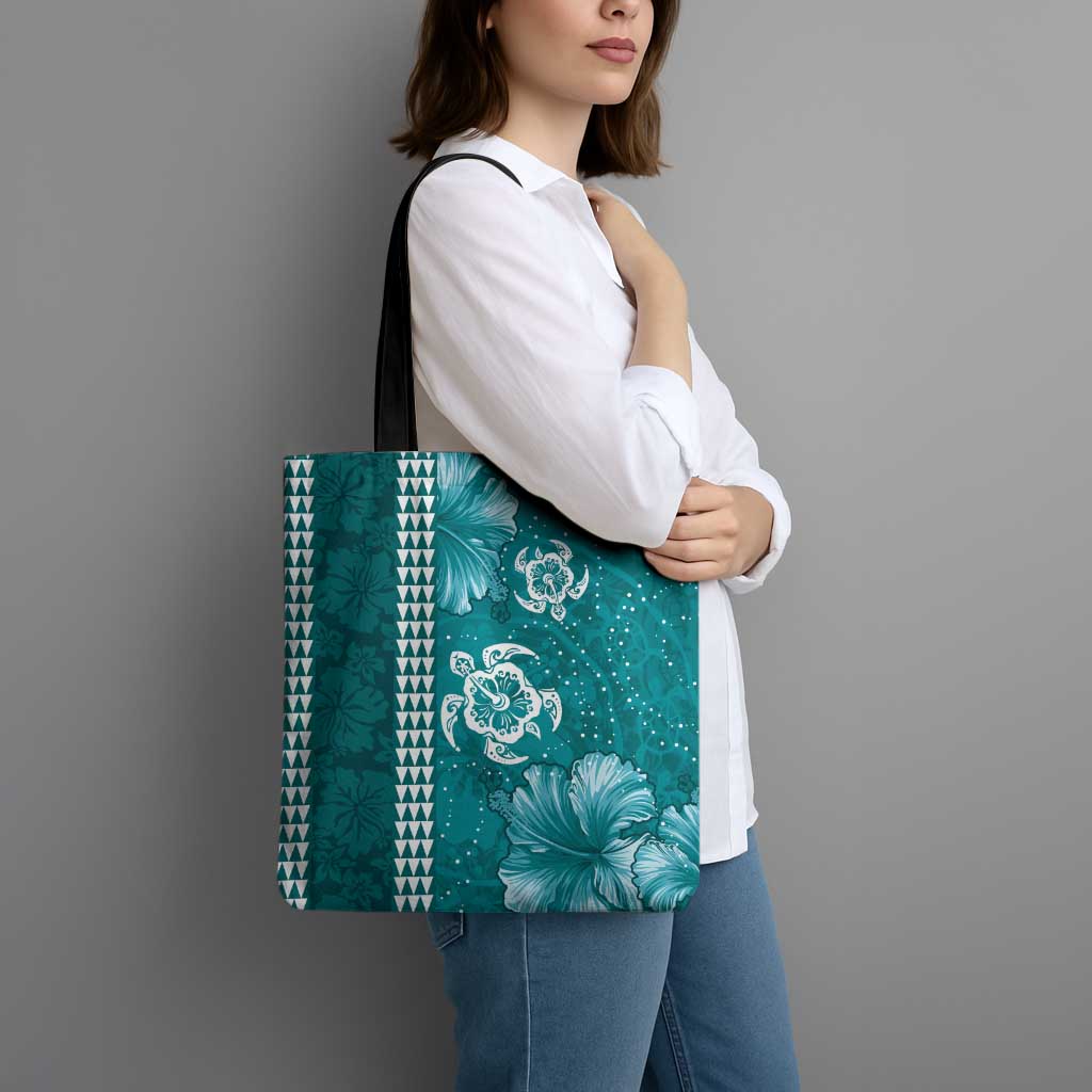 Teal Hibiscus Turle Tote Bag Hawaiian Style Tribal Tapa Pattern - Polynesian Pride
