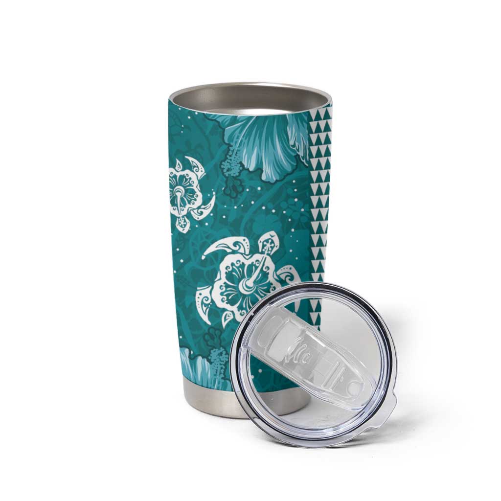 Teal Hibiscus Turle Tumbler Cup Hawaiian Style Tribal Tapa Pattern