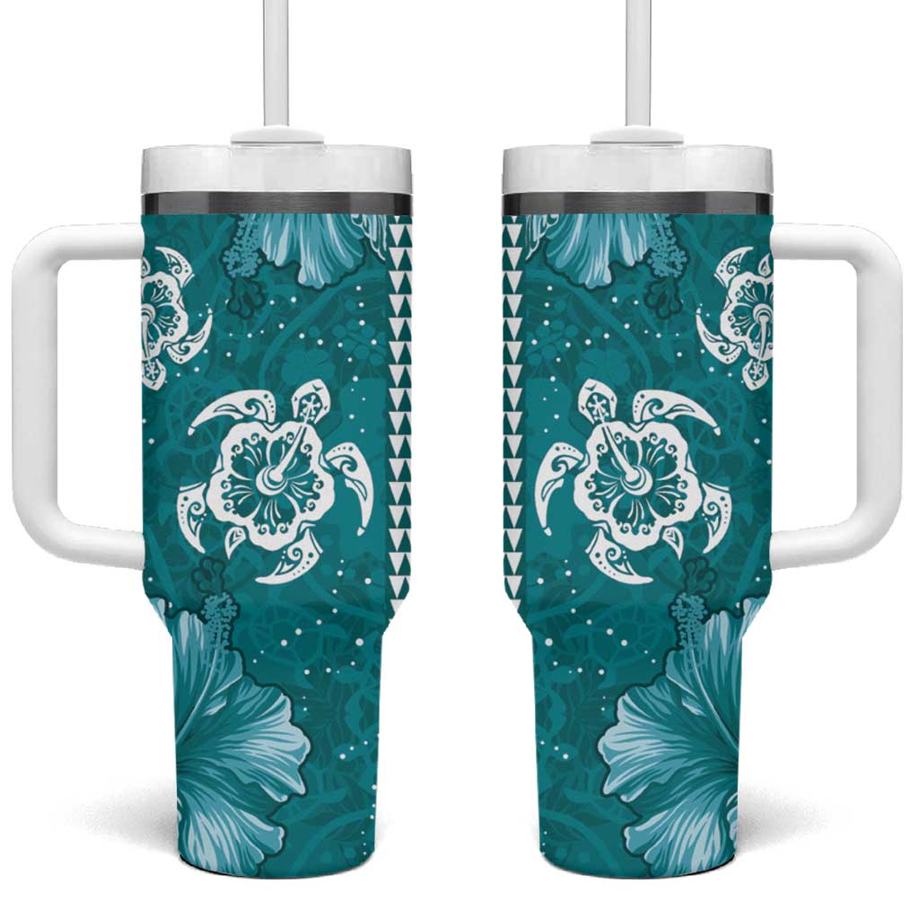 Teal Hibiscus Turle Tumbler With Handle Hawaiian Style Tribal Tapa Pattern