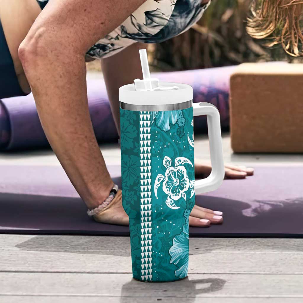 Teal Hibiscus Turle Tumbler With Handle Hawaiian Style Tribal Tapa Pattern