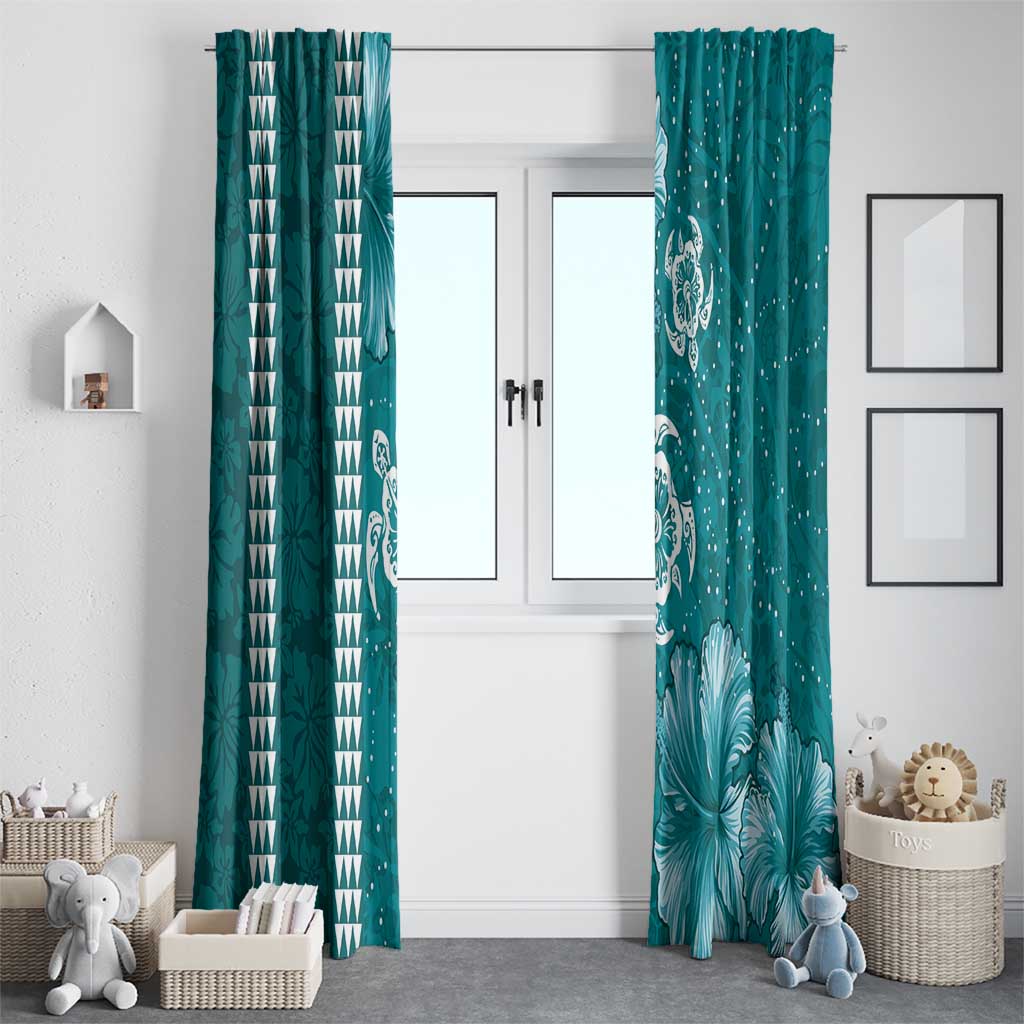 Teal Hibiscus Turle Window Curtain Hawaiian Style Tribal Tapa Pattern