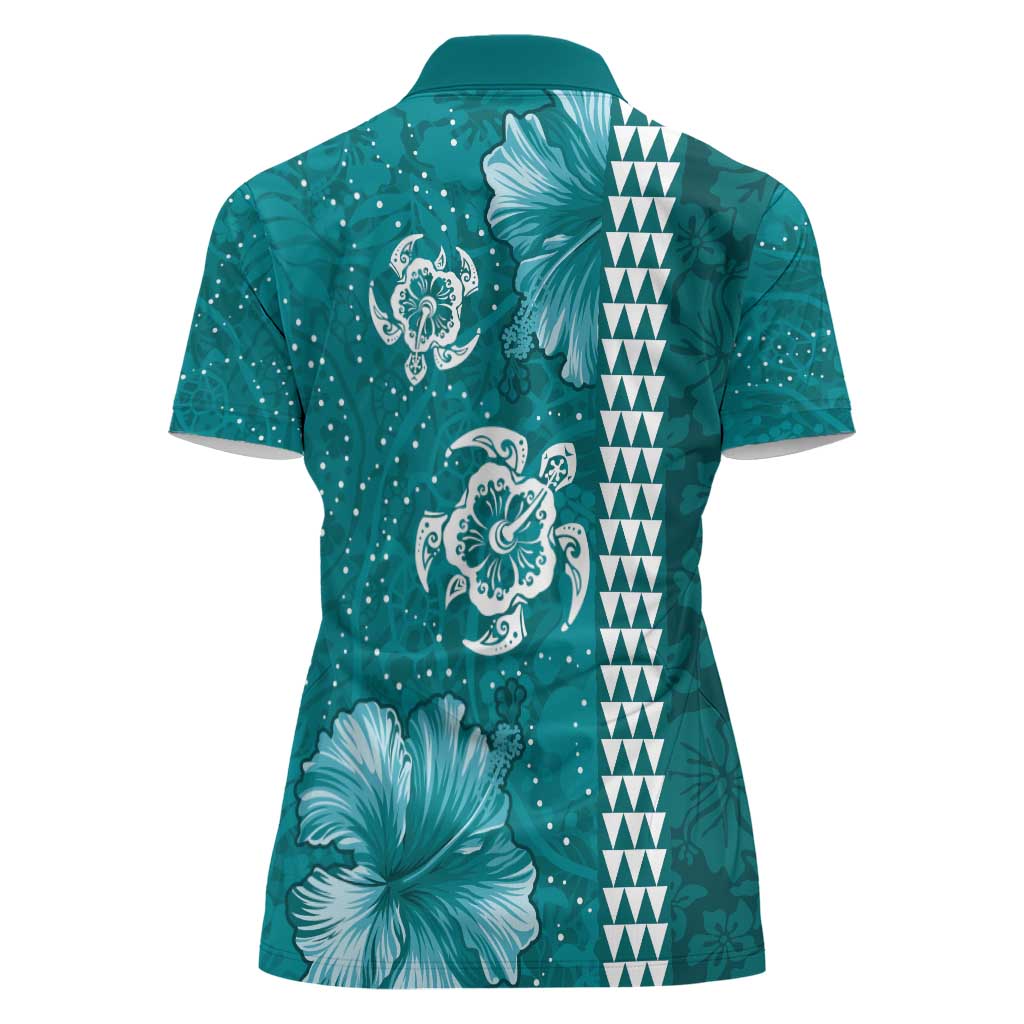 Teal Hibiscus Turle Women Polo Shirt Hawaiian Style Tribal Tapa Pattern