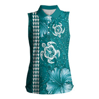 Teal Hibiscus Turle Women Sleeveless Polo Shirt Hawaiian Style Tribal Tapa Pattern