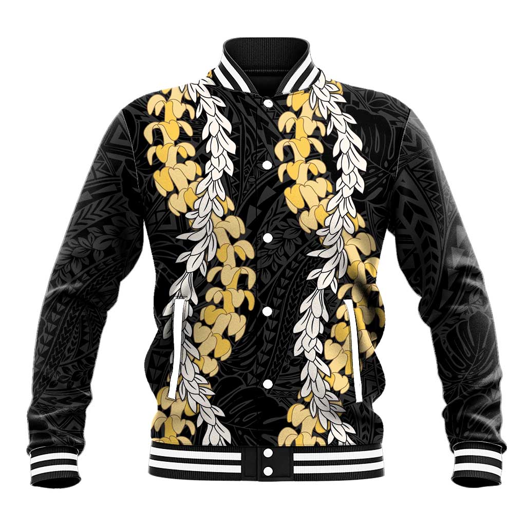 Puakenikeni and Maile Lei Baseball Jacket Black Double Strand Lei LT9 Unisex Black - Polynesian Pride