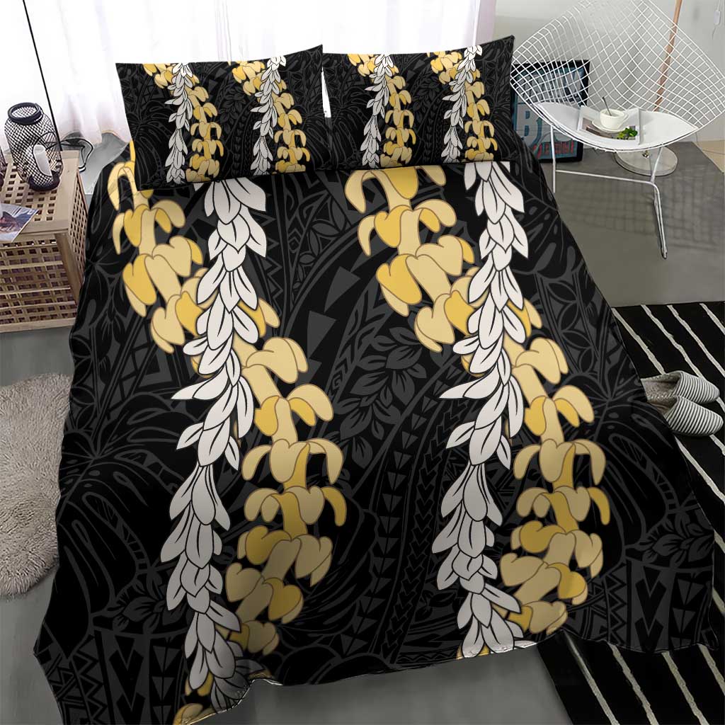 Puakenikeni and Maile Lei Bedding Set Black Double Strand Lei