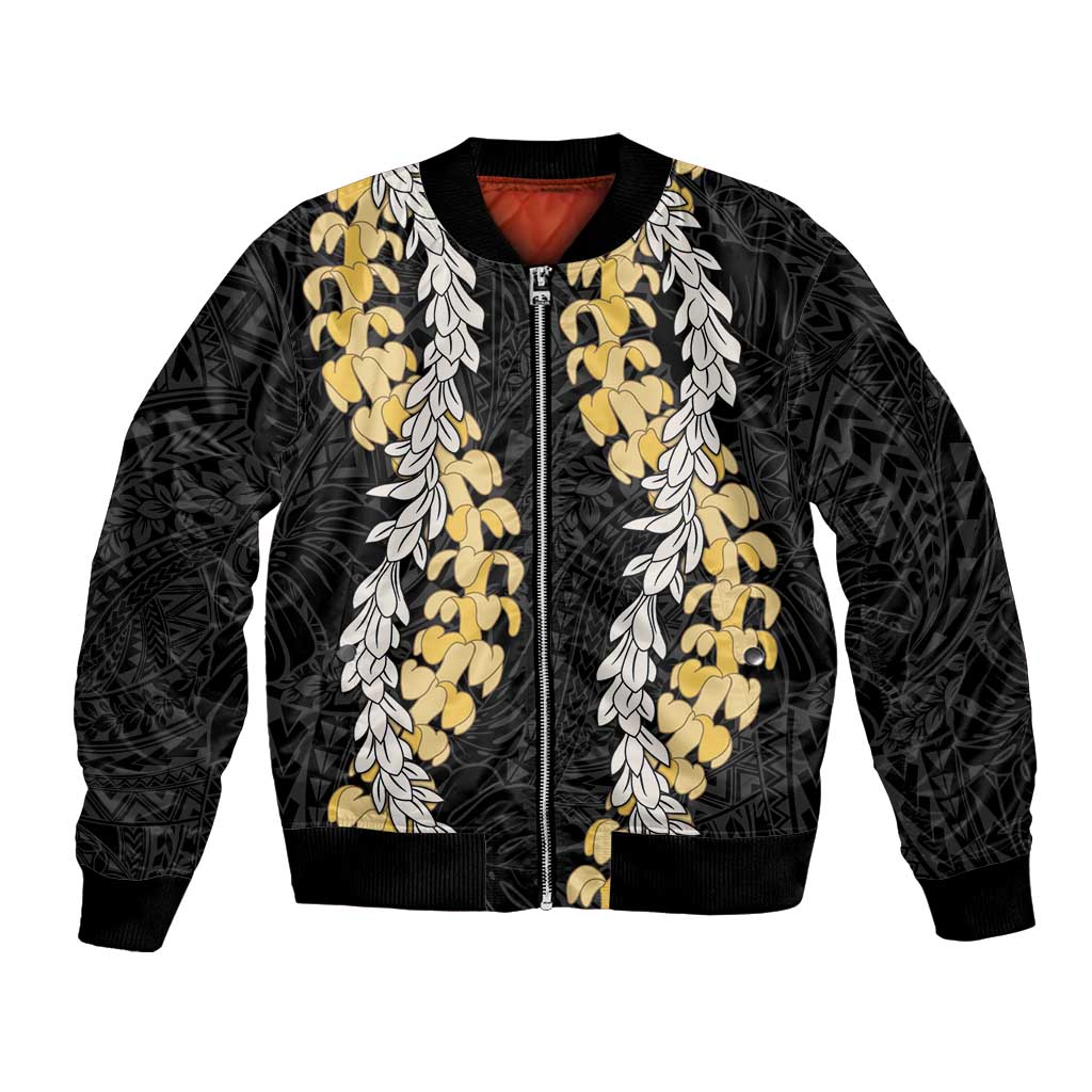 Puakenikeni and Maile Lei Bomber Jacket Black Double Strand Lei