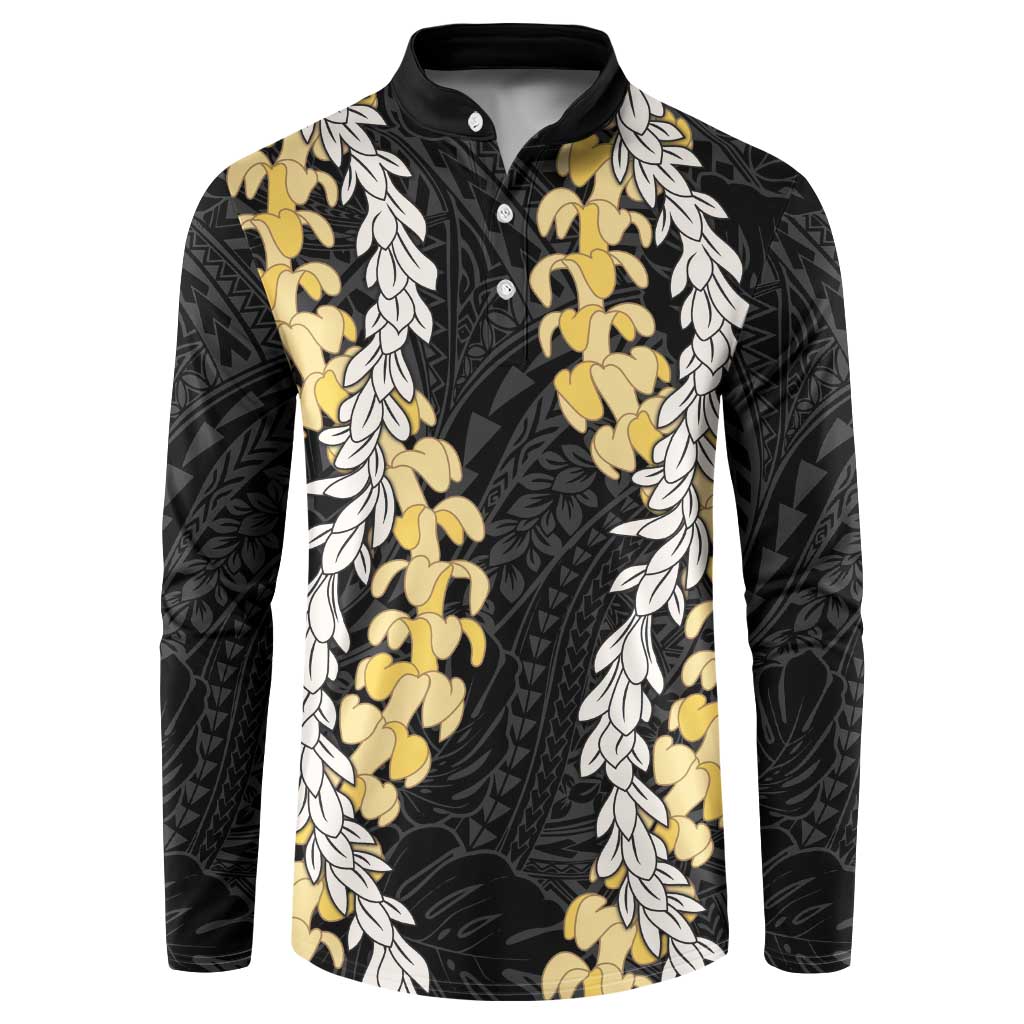 Puakenikeni and Maile Lei Button Sweatshirt Black Double Strand Lei LT9 Black - Polynesian Pride