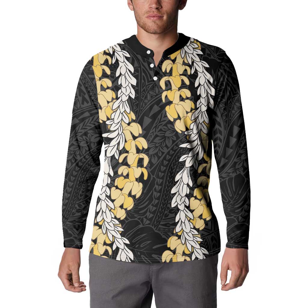 Puakenikeni and Maile Lei Button Sweatshirt Black Double Strand Lei LT9 - Polynesian Pride
