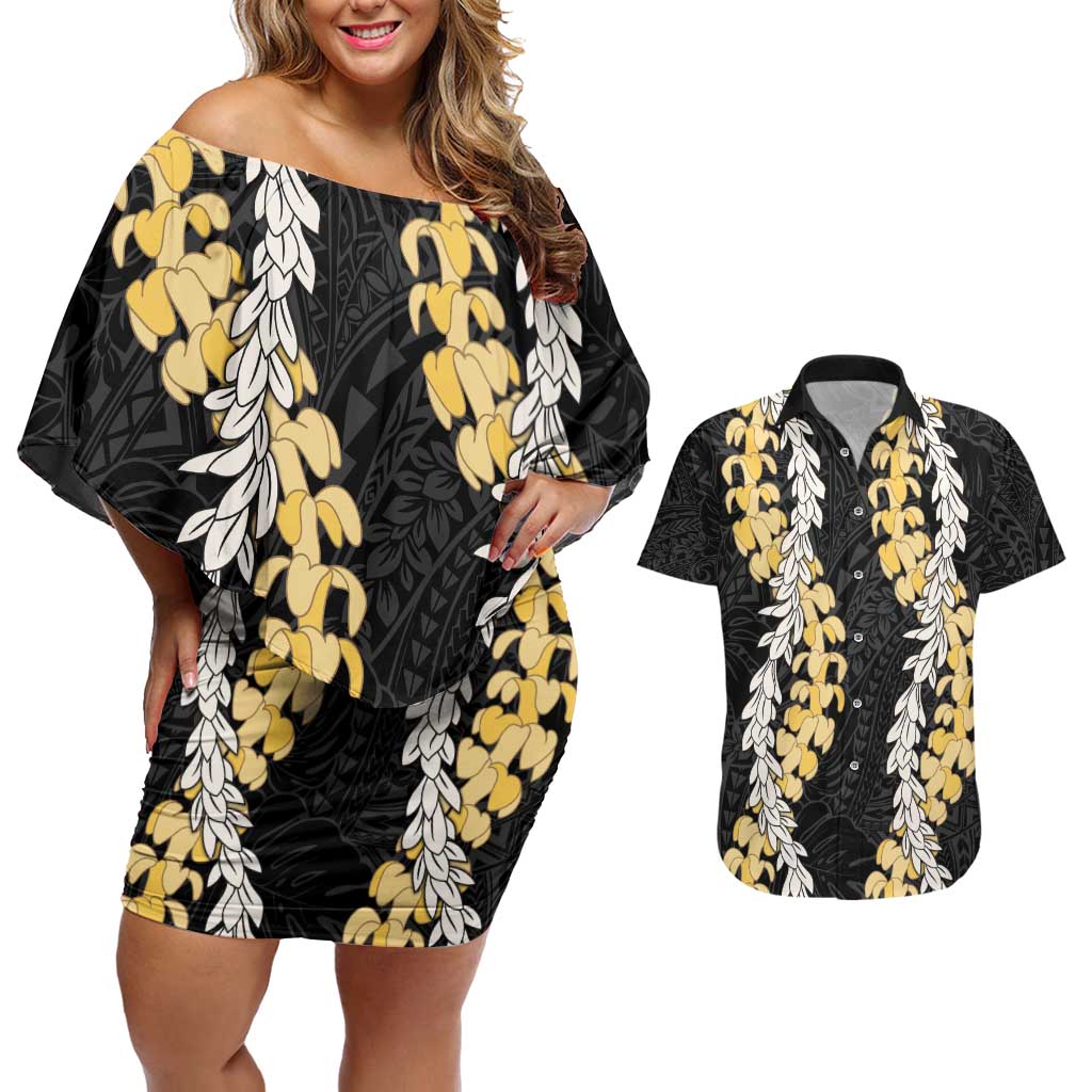 Puakenikeni and Maile Lei Couples Matching Off Shoulder Short Dress and Hawaiian Shirt Black Double Strand Lei