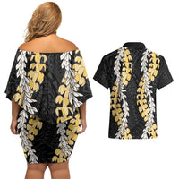 Puakenikeni and Maile Lei Couples Matching Off Shoulder Short Dress and Hawaiian Shirt Black Double Strand Lei