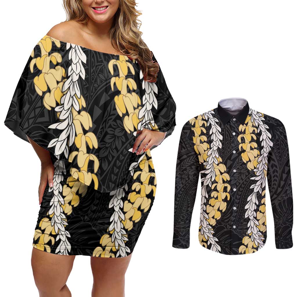 Puakenikeni and Maile Lei Couples Matching Off Shoulder Short Dress and Long Sleeve Button Shirt Black Double Strand Lei LT9 Black - Polynesian Pride