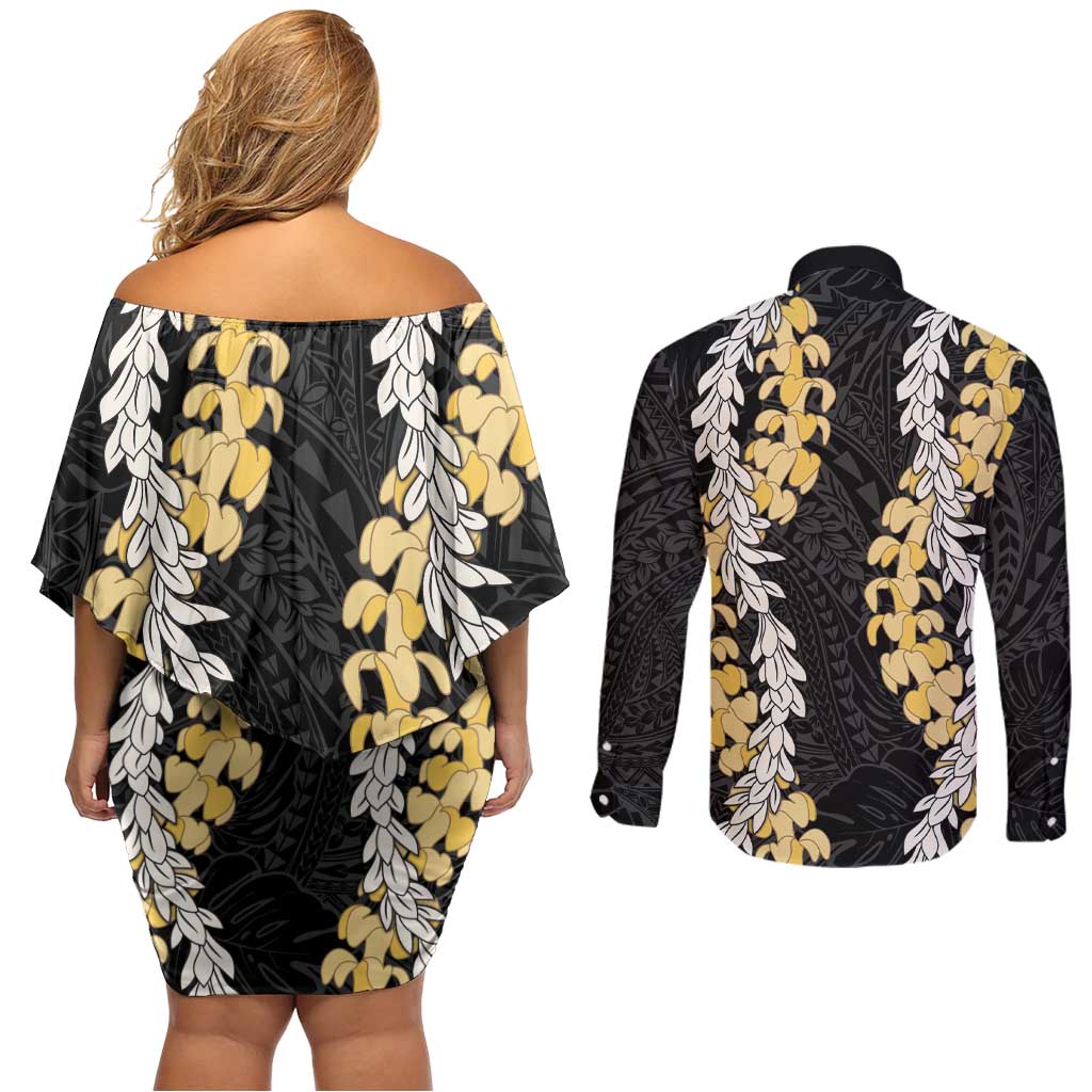 Puakenikeni and Maile Lei Couples Matching Off Shoulder Short Dress and Long Sleeve Button Shirt Black Double Strand Lei LT9 - Polynesian Pride