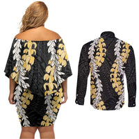 Puakenikeni and Maile Lei Couples Matching Off Shoulder Short Dress and Long Sleeve Button Shirt Black Double Strand Lei LT9 - Polynesian Pride
